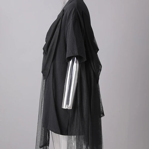 Load image into Gallery viewer, Women Black Mesh Bow Spliced Big Size Long T-shirt New Round Neck Short Sleeve Fashion Tide Spring Summer 2025 CPG3032
