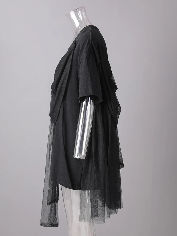 Women Black Mesh Bow Spliced Big Size Long T-shirt New Round Neck Short Sleeve Fashion Tide Spring Summer 2025 CPG3032