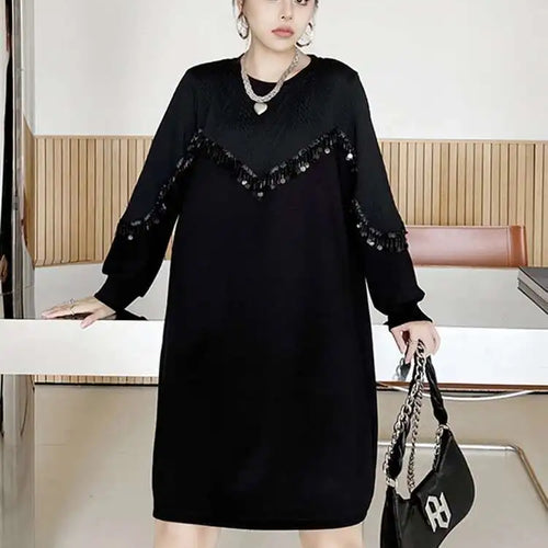 Load image into Gallery viewer, Women Black Sequins Big Size Knee-Length Casual Dress New Round Neck Long Sleeve Fashion Tide Spring Autumn 2025 1DH8736
