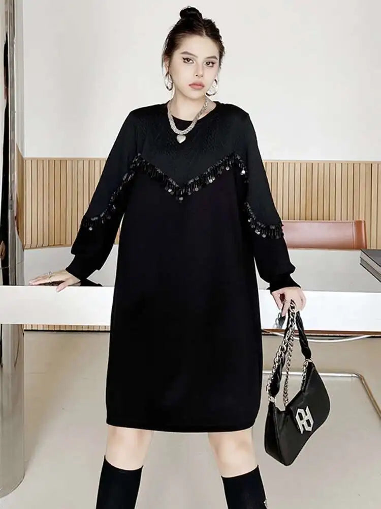 Women Black Sequins Big Size Knee-Length Casual Dress New Round Neck Long Sleeve Fashion Tide Spring Autumn 2025 1DH8736