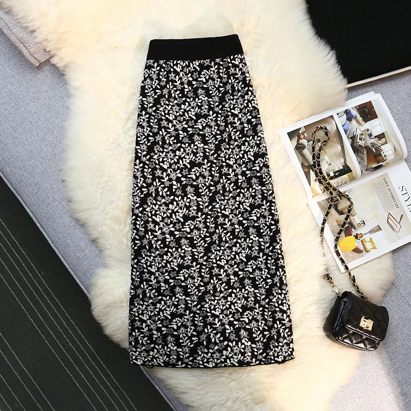 Vintage Elegant High Waist Knitted Midi Skirt Women Winter Spring Autumn Print Skirts Female A-line Ladies Pencil Wrap Skirt