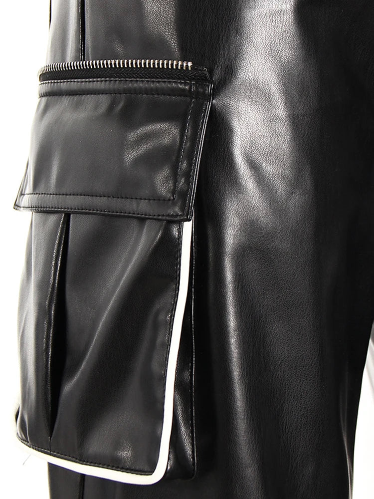 High Waist Black White Pu Leather Color-block Casual Pants New Trousers Women Fashion Tide Spring Autumn 2025 7AB4744