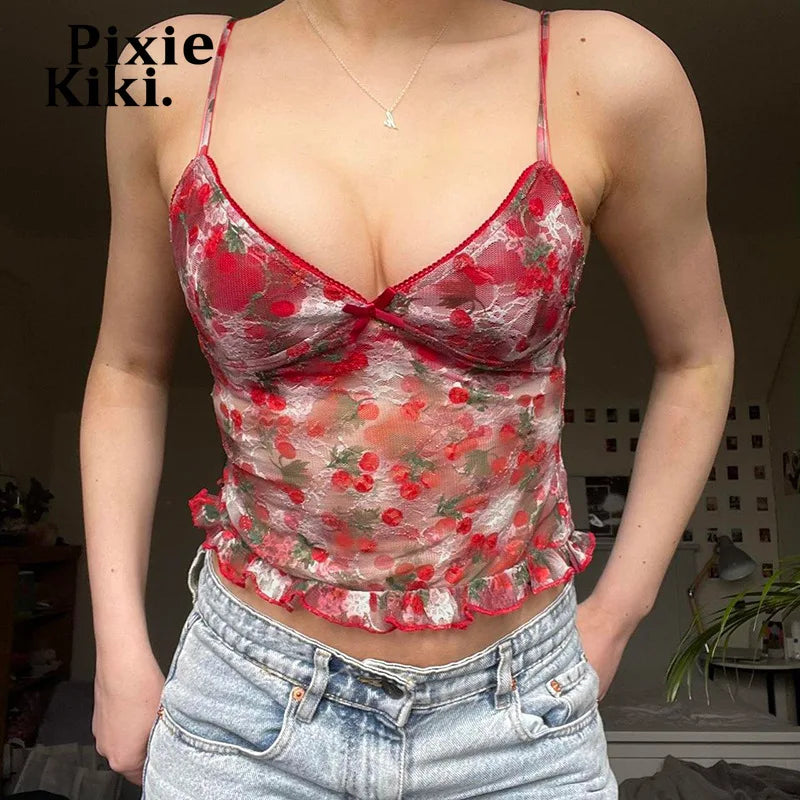 Cherry Print Mesh Tops Aesthetics Y2k Kawaii Lingerie Bow V Neck Backless Crop Top Shirt Summer Tanks & Camis P67-BB10