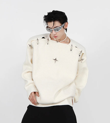 Men's Knitted Sweater New Autumn Winter Korean Fashion Metal Buckle Hollow Out Design Solid Color Male Tops 9A5467