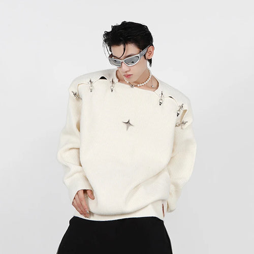 Load image into Gallery viewer, Men&#39;s Knitted Sweater New Autumn Winter Korean Fashion Metal Buckle Hollow Out Design Solid Color Male Tops 9A5467
