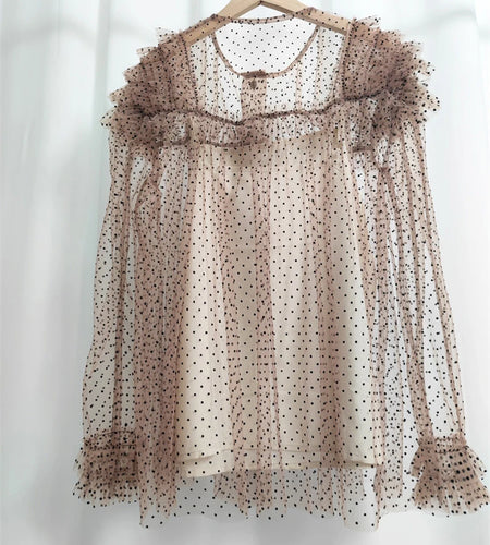 Women Brown Mesh Dot Ruffles Thin Blouse New Stand Collar Long Sleeve Shirt Fashion Tide Spring Summer 2025 1DJ1483