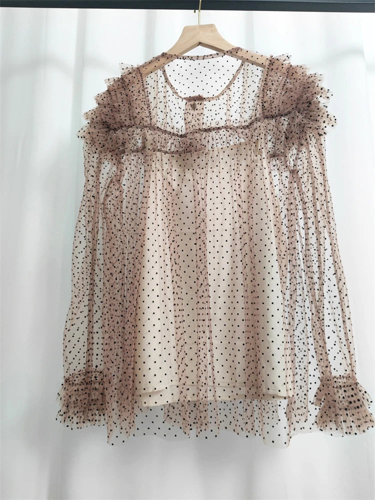 Women Brown Mesh Dot Ruffles Thin Blouse New Stand Collar Long Sleeve Shirt Fashion Tide Spring Summer 2025 1DJ1483