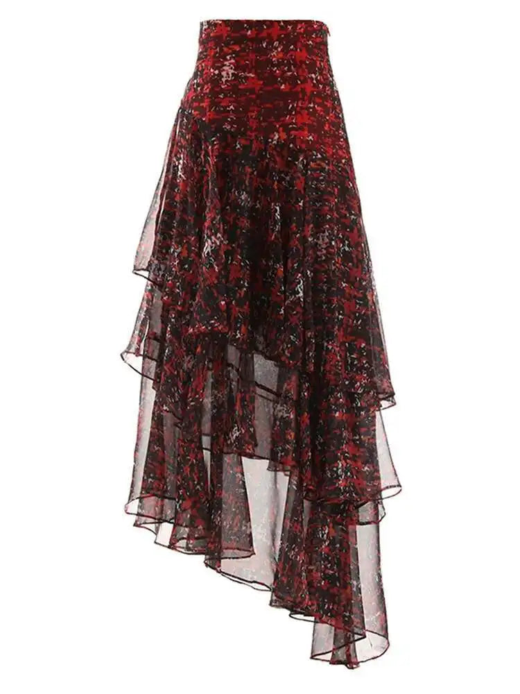 High Waist Green Print Zipper Irregular Mesh Holiday Half-body Skirt Women Fashion Tide New Spring Summer 2025 1DF6554