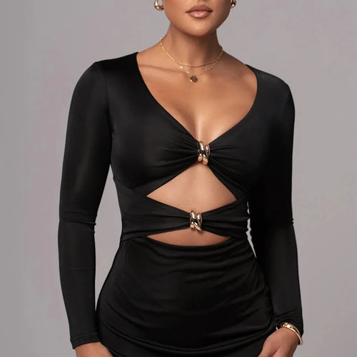 Load image into Gallery viewer, Hollow out long sleeve sexy maxi dress for women fashion solid V neck back split bodycon club long dress elegant
