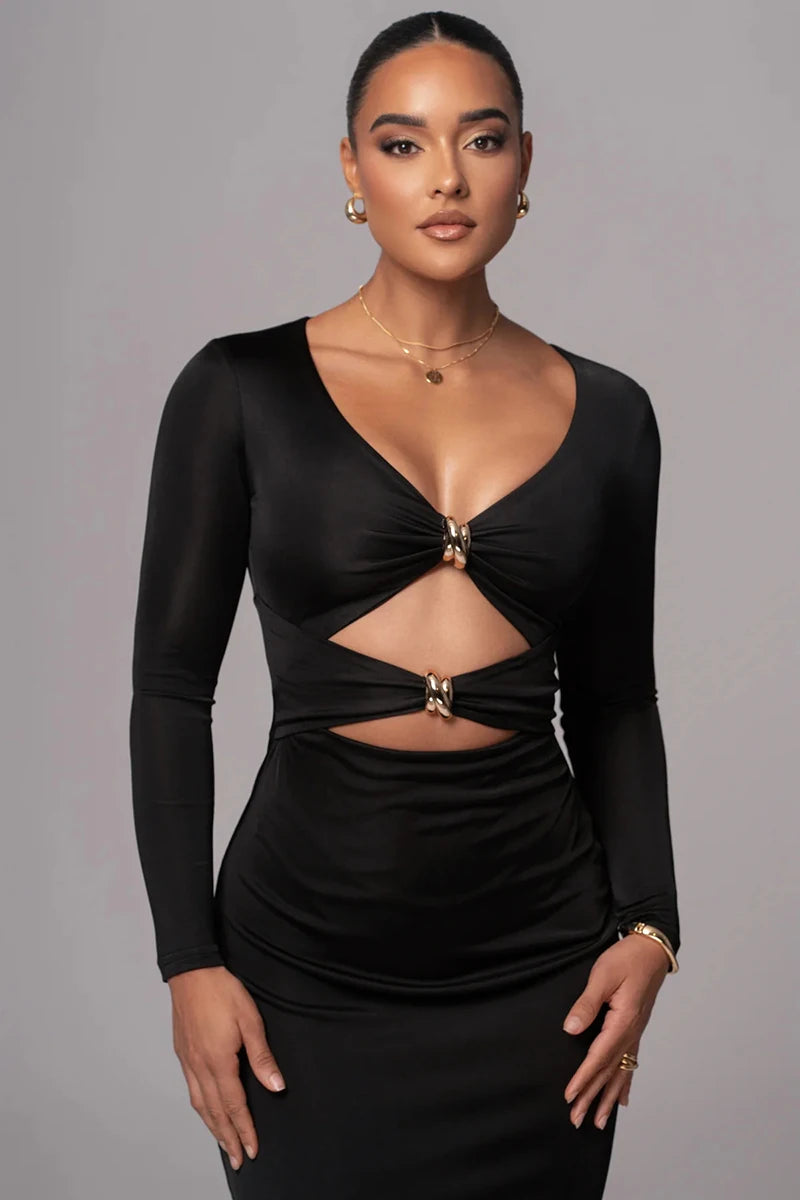 Hollow out long sleeve sexy maxi dress for women fashion solid V neck back split bodycon club long dress elegant