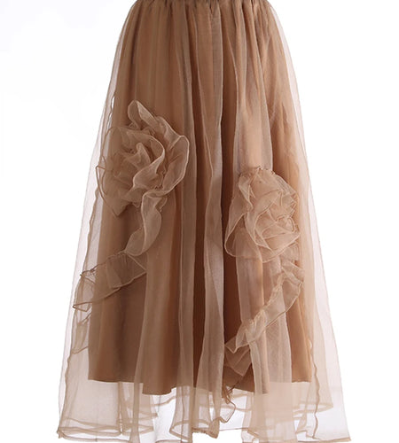 High Elastic Waist Khaki Three-dimensional Flower Mesh Half-body Skirt Women Fashion Tide New Spring Autumn 20251DJ0912