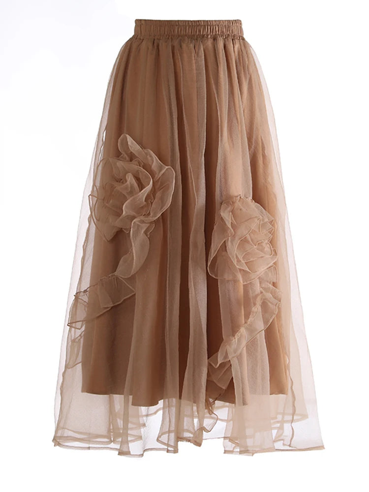 High Elastic Waist Khaki Three-dimensional Flower Mesh Half-body Skirt Women Fashion Tide New Spring Autumn 20251DJ0912