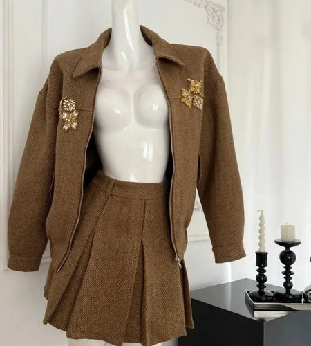 Autumn Winter Women Retro Two Piece Sets Fashion Brown Diamond Long Sleeve Lapel Zipper Coat And High Waist Pleated Mini Skirts