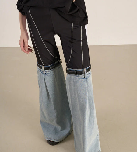 Hit Color Patchwork Denim Wide Leg Pants Female High Waist Split Belt Slim Autumn High Street Trousers For Women