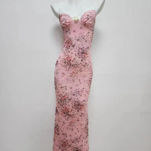 Load image into Gallery viewer, French Women Summer Pink Floral Backless Sleeveless Wrapped Hip Long Dress V Neck Ruffle Print Slim Vacation Slip Dress Bohemian
