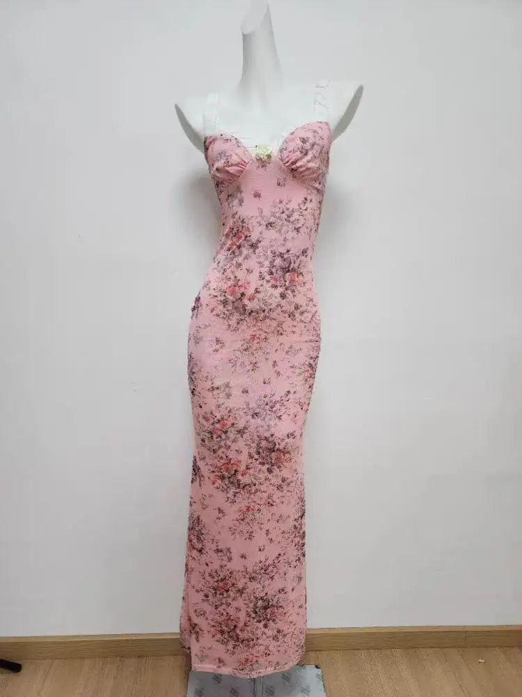 French Women Summer Pink Floral Backless Sleeveless Wrapped Hip Long Dress V Neck Ruffle Print Slim Vacation Slip Dress Bohemian