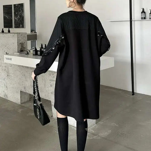 Load image into Gallery viewer, Women Black Sequins Big Size Knee-Length Casual Dress New Round Neck Long Sleeve Fashion Tide Spring Autumn 2025 1DH8736
