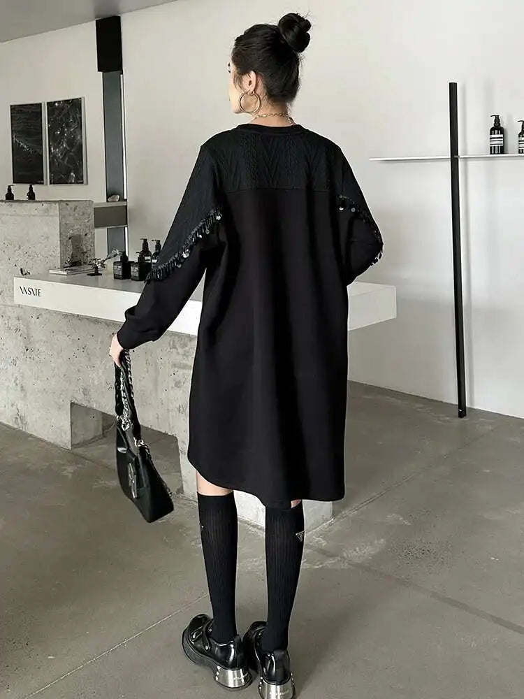 Women Black Sequins Big Size Knee-Length Casual Dress New Round Neck Long Sleeve Fashion Tide Spring Autumn 2025 1DH8736