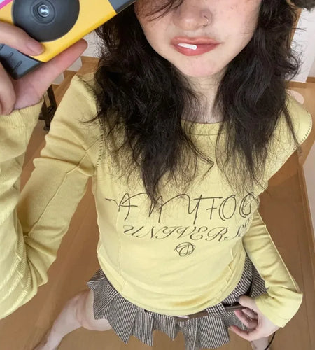 Y2k Aesthetics Yellow T-shirt 2000s Japanese Harajuku Tee Shirt Grunge Letter Print Long Sleeve Tshirt E-girl Streetwear