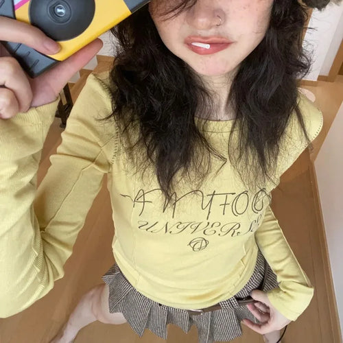 Y2k Aesthetics Yellow T-shirt 2000s Japanese Harajuku Tee Shirt Grunge Letter Print Long Sleeve Tshirt E-girl Streetwear