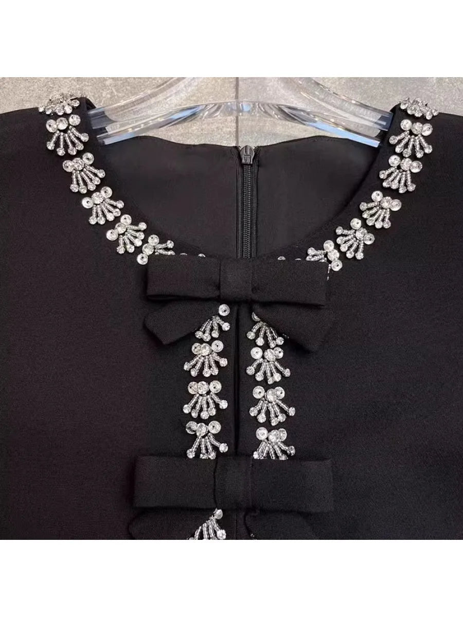 Solid Spliced Diamonds Slimming Elegant Dresses for Women O Neck Long Sleeve Temperament Dress Female