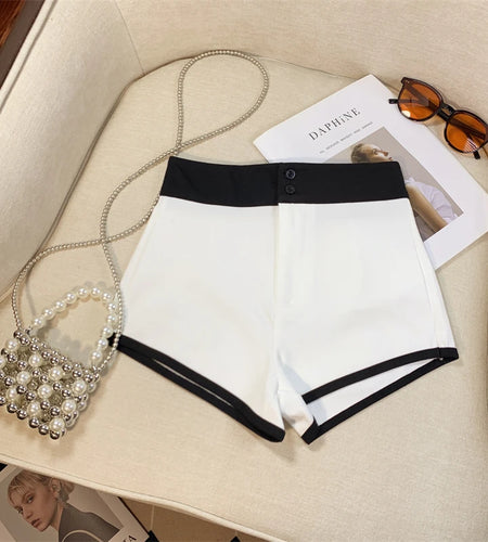 New Fashion Black White Patchwork High Waist Wrap Hip A-line Shorts Women Summer Gray Casual Wide-leg Short Pant Trend Popular