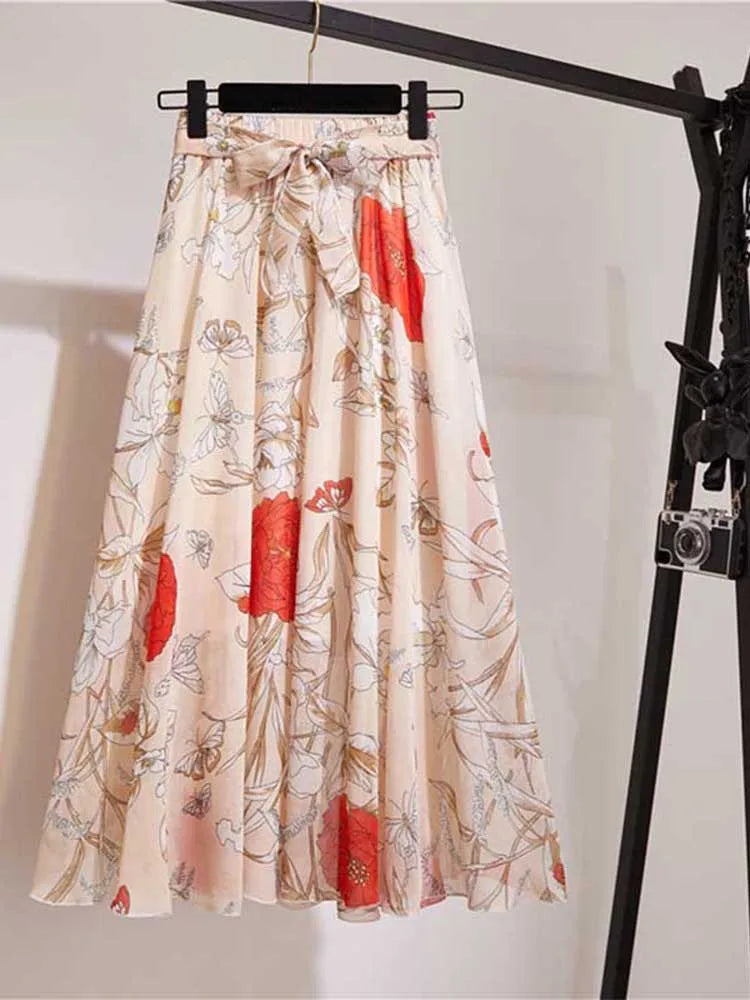 Long Skirt Women For 2024 Spring Summer Lady Korean Style White Black Chiffon Sun School High Waist Midi Skirt Female