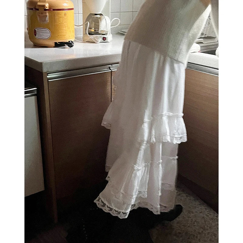 Fashion Chic Loose White Maxi Skirt Women Lace Patchwork Ruched Boho French Holidays Long Skirts A-Line Ruffles Cute