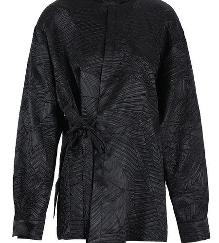 Women Black Pleated Bandage Big Size Blouse New Round Neck Long Sleeve Shirt Fashion Tide Spring Autumn 2025 CPG1142