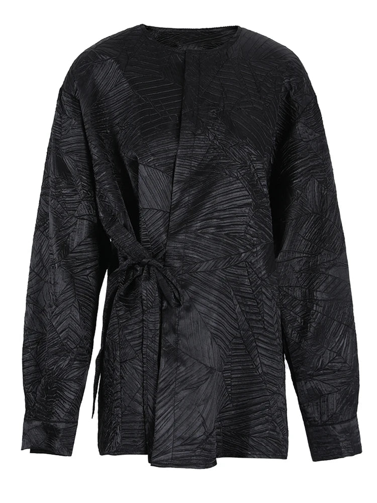 Women Black Pleated Bandage Big Size Blouse New Round Neck Long Sleeve Shirt Fashion Tide Spring Autumn 2025 CPG1142