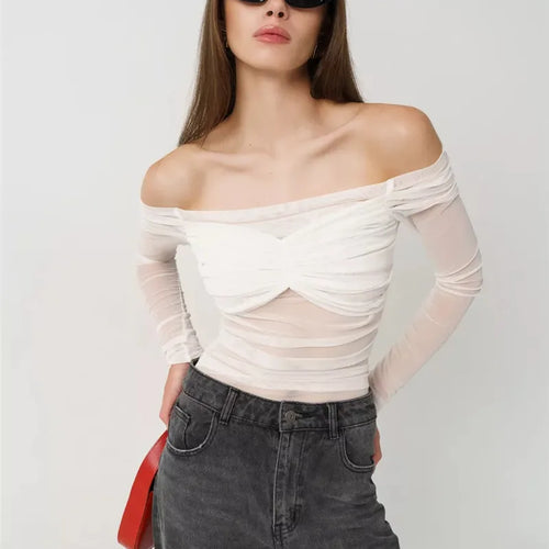 Load image into Gallery viewer, Summer Mesh Off-shoulder T-shirt Women Fashion Pleated Bust Backless Tees Tops Female Elegant Strapless See Through Top
