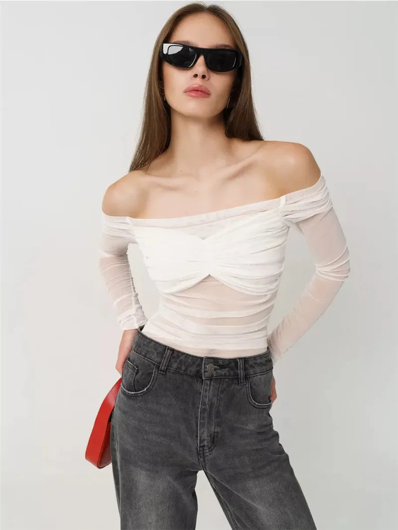 Summer Mesh Off-shoulder T-shirt Women Fashion Pleated Bust Backless Tees Tops Female Elegant Strapless See Through Top