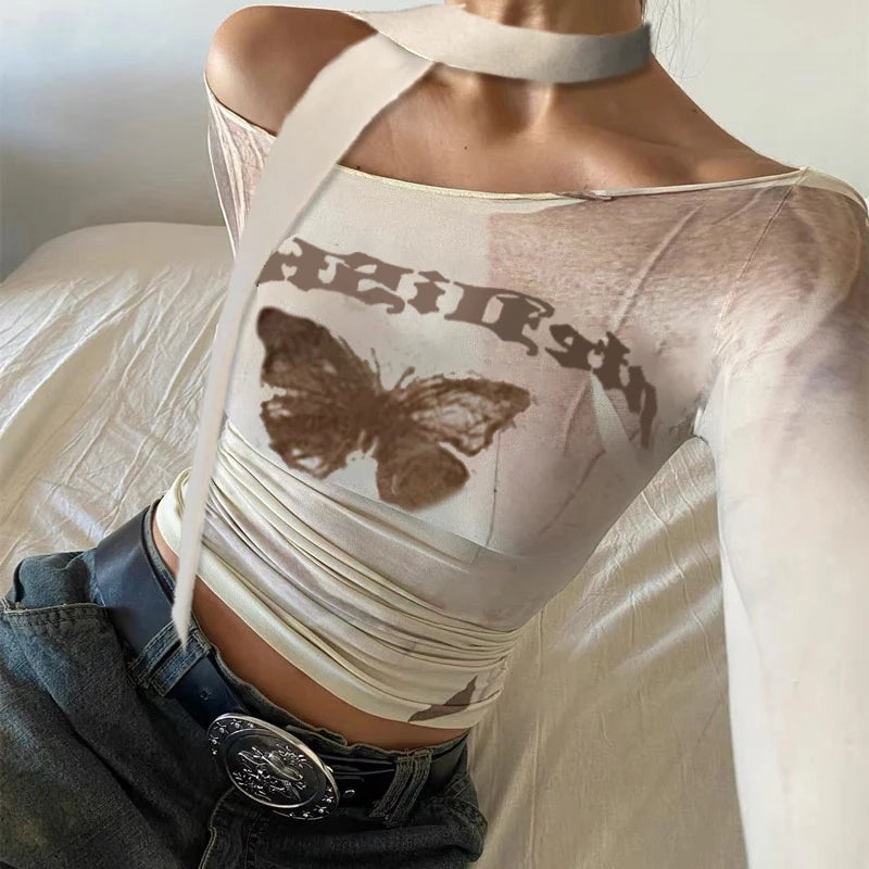 y2k Harajuku Slim Women's T-shirts Off Shoulder Top Butterfly Printed Vintage Clothes Kawaii Baby Tee Shirts With Tie