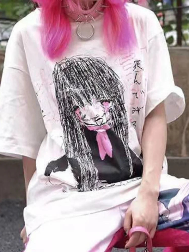 Kawaii Cute Japanese Loose Cartoon Print T-shirt Casual O Neck 2025 Summer Tops Women Short Sleeve Y2k Aesthetic All Match Tees