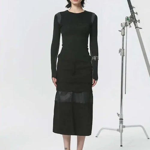 Load image into Gallery viewer, Black Slim Color-block Knitting Sweater Round Neck Long Sleeve Women Pullovers New Fashion Tide Spring Autumn 2025 1DH2082
