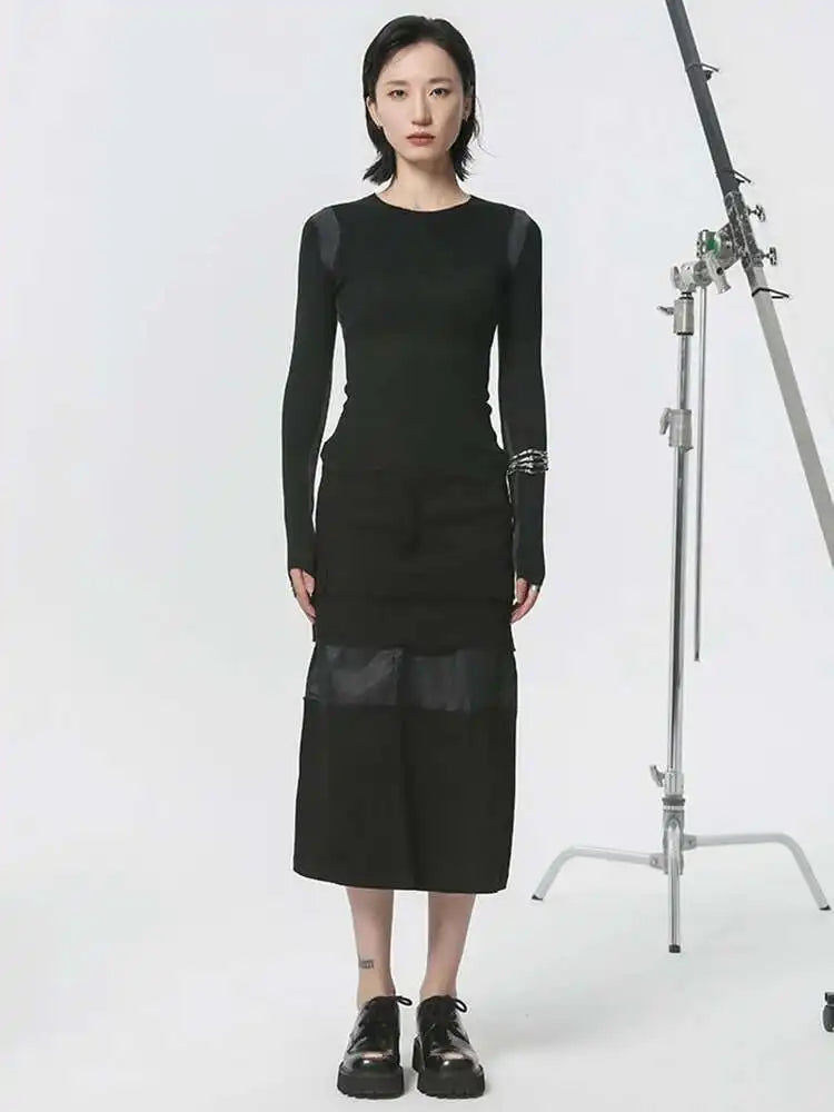 Black Slim Color-block Knitting Sweater Round Neck Long Sleeve Women Pullovers New Fashion Tide Spring Autumn 2025 1DH2082