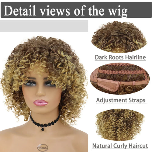 Load image into Gallery viewer, Synthetic Short Curly Wig Natural Hair with Bangs Brown Ombre Blonde Wigs Bounce Fluffy Bob Curls Wigs for Black Women
