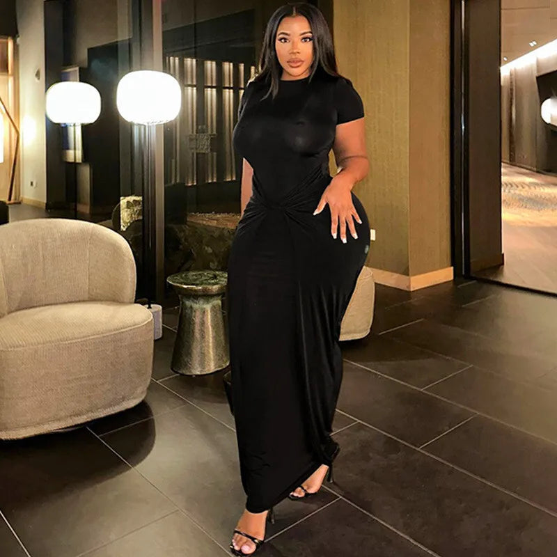 Short Sleeve Ruched Sexy Maxi Dress For Women Fashion Summer New Solid High Waist Slim Fit Elegant Long Dress Vestido