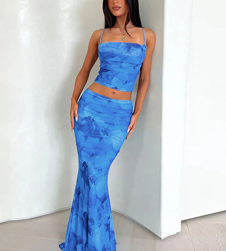 Women Fashion 2 Pcs Sets Tie Dye Swing Collar Sexy Slim Crop Camis Top Maxi Skirt Casual Outfits Streetwear Festival