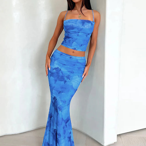 Load image into Gallery viewer, Women Fashion 2 Pcs Sets Tie Dye Swing Collar Sexy Slim Crop Camis Top Maxi Skirt Casual Outfits Streetwear Festival
