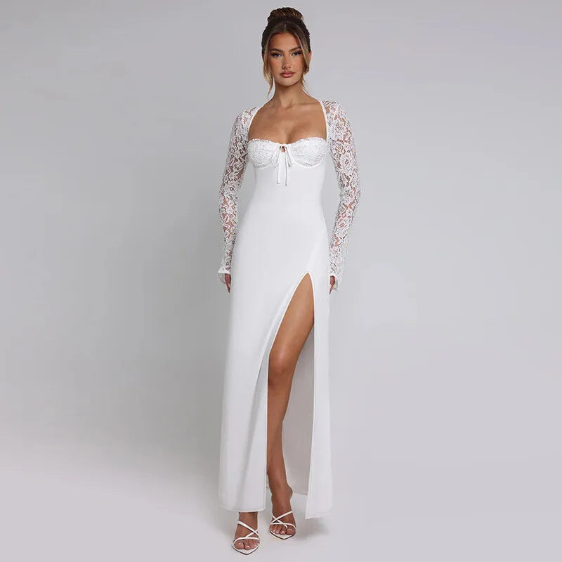Lace Long Sleeve Sexy Maxi Dress Women Autumn New Square Collar Backless Lace-up High Split Sexy Club Party Long Dress