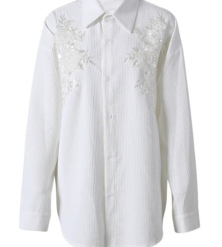 Women White Sequins Flower Big Size Elegant Blouse New Lapel Long Sleeve Shirt Fashion Tide Spring Autumn 2025 CPG2805