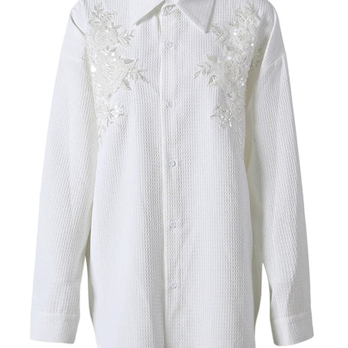 Load image into Gallery viewer, Women White Sequins Flower Big Size Elegant Blouse New Lapel Long Sleeve Shirt Fashion Tide Spring Autumn 2025 CPG2805
