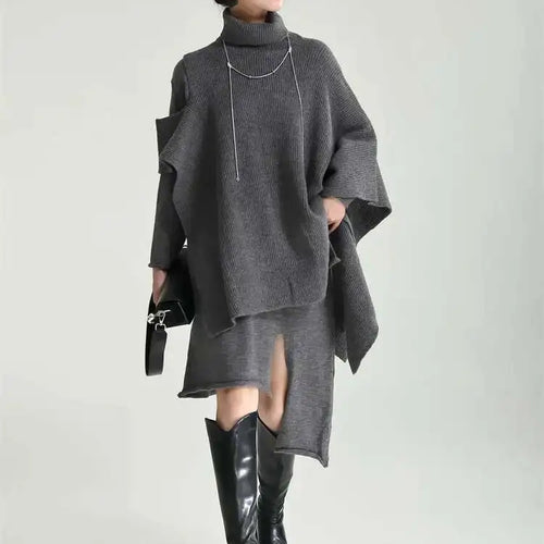 Load image into Gallery viewer, Women Gray Irregular Design Knitting Dress New Turtleneck Long Sleeve Loose Fit Fashion Tide Spring Autumn 2025 1DF2618
