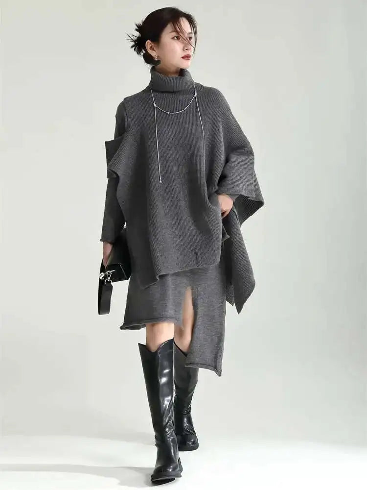 Women Gray Irregular Design Knitting Dress New Turtleneck Long Sleeve Loose Fit Fashion Tide Spring Autumn 2025 1DF2618