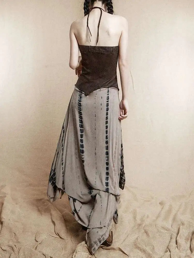 Women Brown Irregular Spliced Tie Dye Vintage Long Strapless Dress New Sleeveless Fashion Tide Spring Autumn 2025 1DH9375