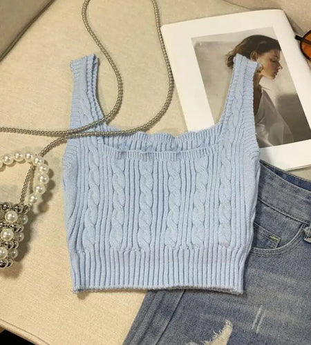French White Basic Sleeveless Knit Top For Women Pink Blue Office Lady Elegant Summer Square Collar Short Vest Trend Popular New