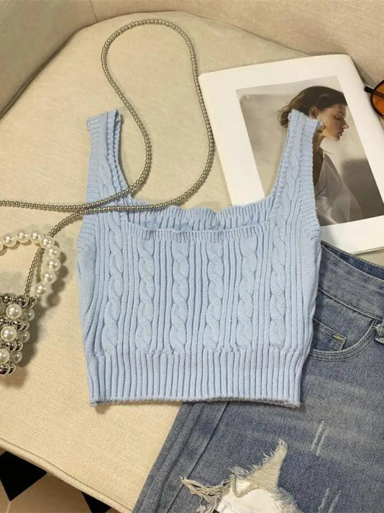 French White Basic Sleeveless Knit Top For Women Pink Blue Office Lady Elegant Summer Square Collar Short Vest Trend Popular New