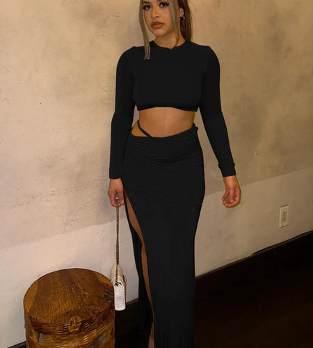 Women Fashion 2 Pcs Sets Long Sleeve Sexy Slim Crop T-Shirt Slit Ruched Maxi Skirt Fall Outfits Birthday Party Festival
