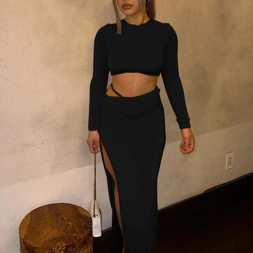 Load image into Gallery viewer, Women Fashion 2 Pcs Sets Long Sleeve Sexy Slim Crop T-Shirt Slit Ruched Maxi Skirt Fall Outfits Birthday Party Festival
